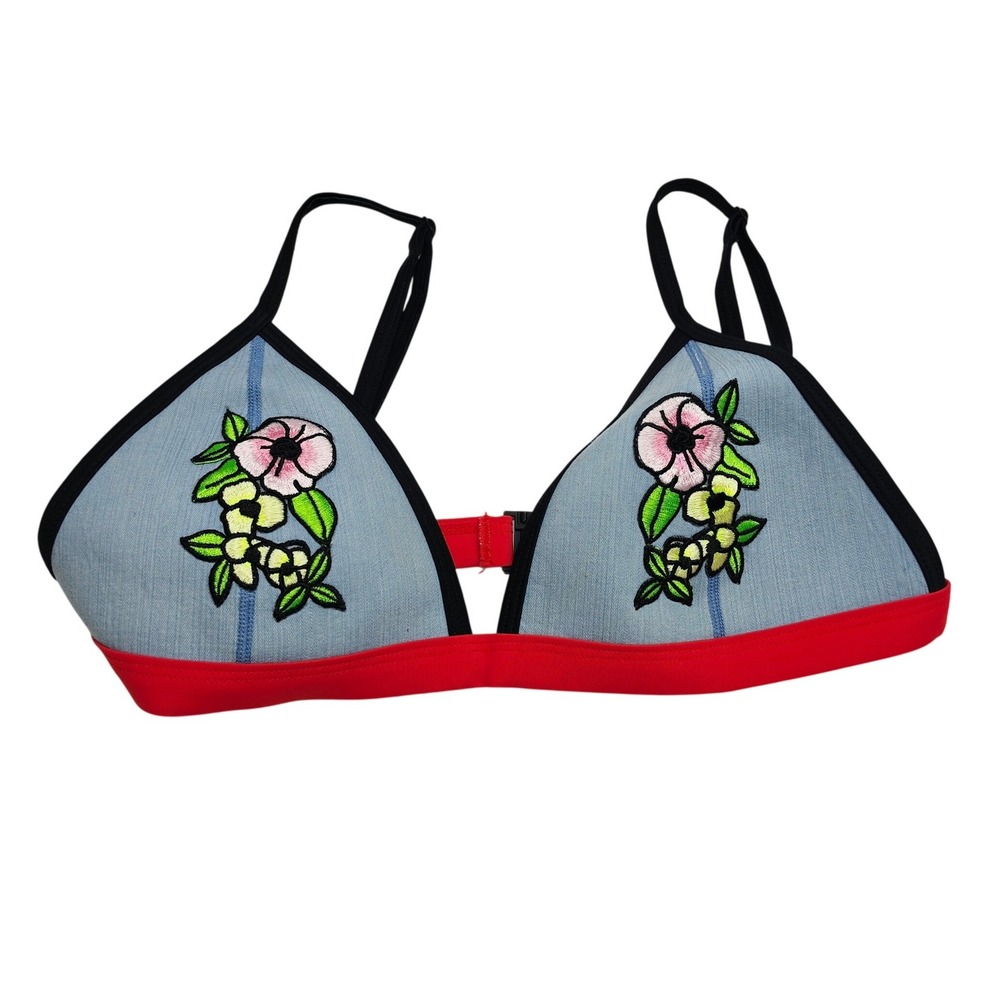 Triangl Neoprene Bikini Top Floral Embroidered Denim Look Blue Red Small++